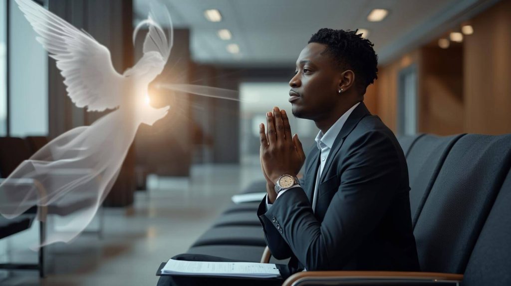 Nigerian applicant praying before visa interview with spiritual angels providing guidance for interview success
