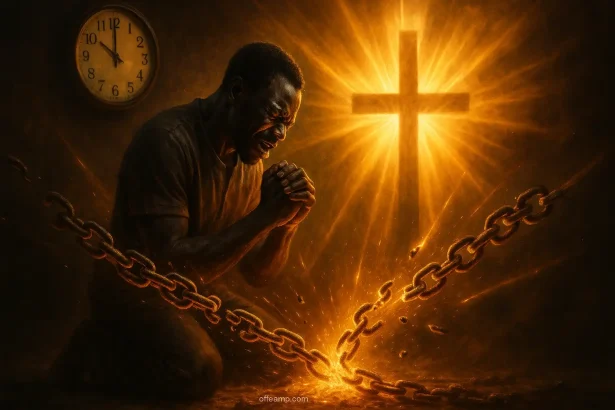 African man praying at midnight with glowing light breaking chains symbolizing breakthrough prayer points