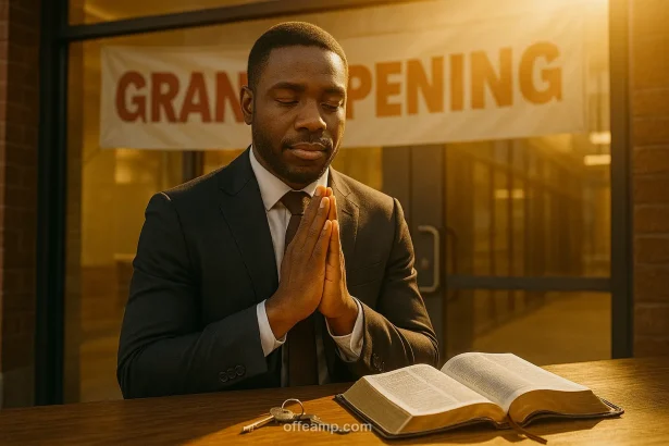 Nigerian business owner praying in store, prayer for business breakthrough and prosperity