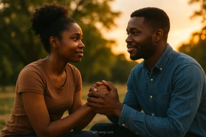 Couple holding hands after reunion sitting outdoors with hopeful expressions