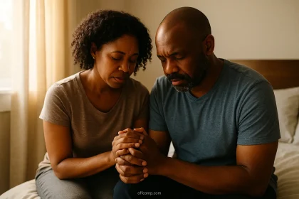 Wife holding husband's hand while praying for his health and healing