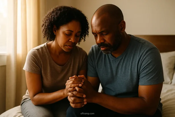 Wife holding husband's hand while praying for his health and healing