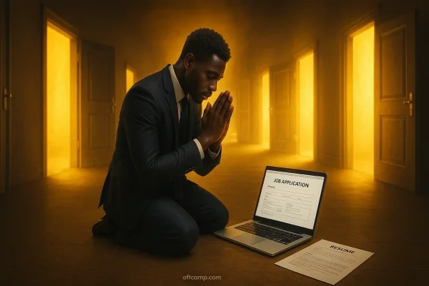 African job seeker praying with CV and laptop, prayer for new job and employment success