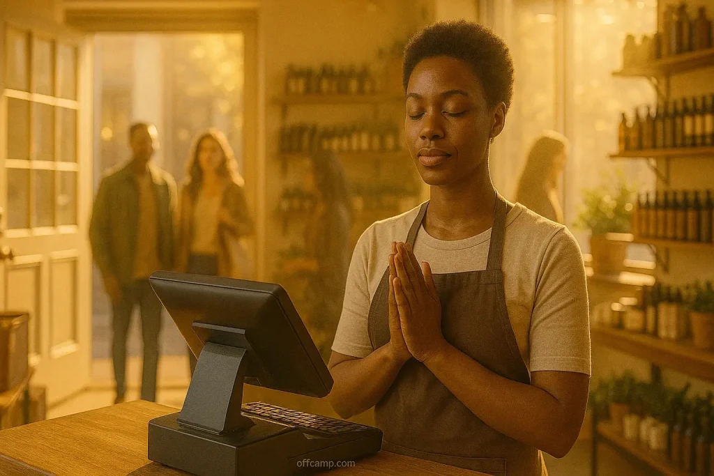 Business owner praying over cash register, prayer for sales breakthrough and customer multiplication