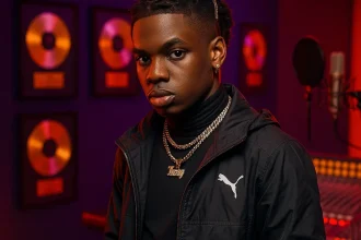 Rema net worth visualization showing Nigerian artist in luxury recording studio with platinum plaques representing $12 million wealth