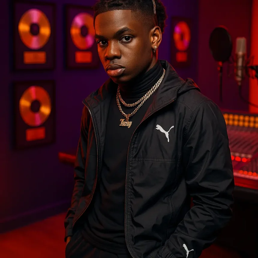 Rema net worth visualization showing Nigerian artist in luxury recording studio with platinum plaques representing $12 million wealth