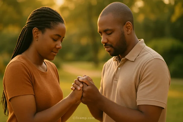 Brother and sister praying together outdoors for each other's success