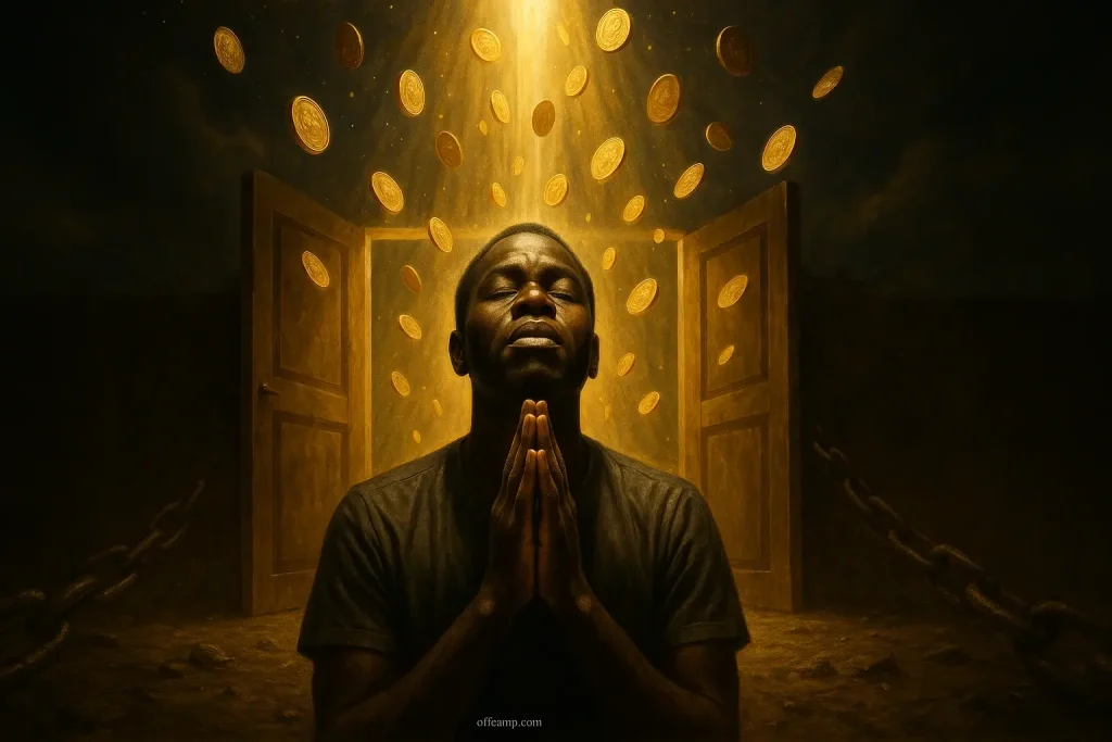 Person praying with open hands as golden coins and blessings pour from heaven, financial breakthrough prayers