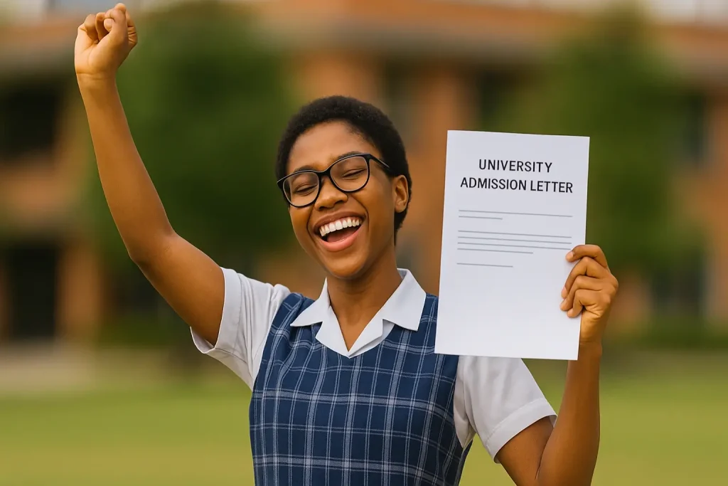 Prayer for JAMB success and admission with student celebrating acceptance letter
