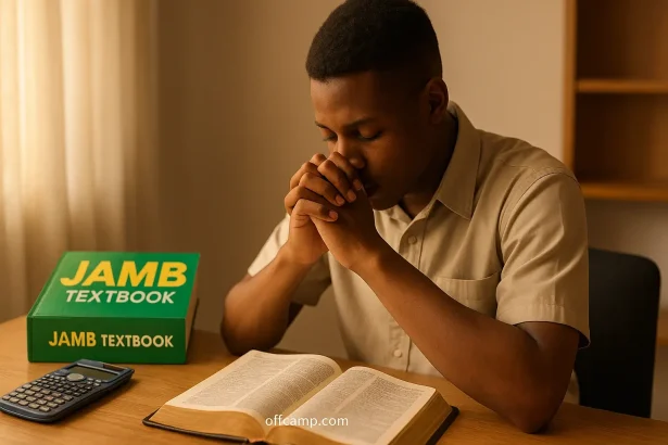Prayer for JAMB success with student studying for exam and praying with Bible