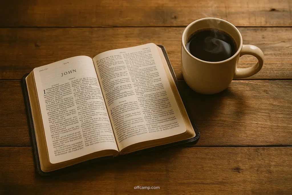 An open Bible and a cup of coffee on a wooden table, symbolizing morning prayer and devotion time.