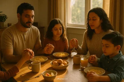 A family holding hands and praying together at the breakfast table in the morning light.