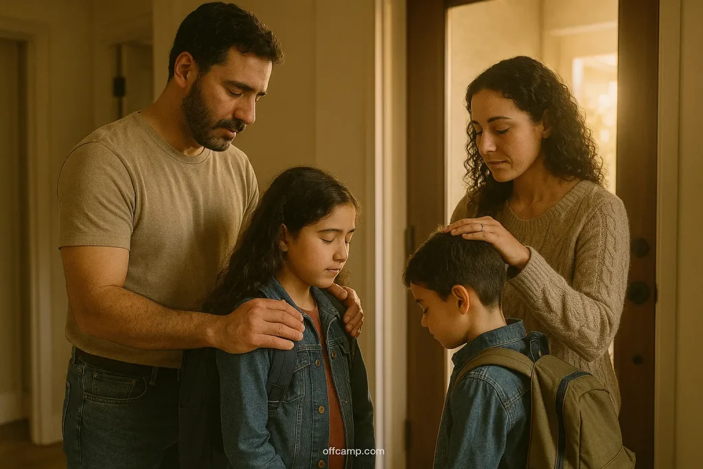 Parents praying over their children before leaving for school in the morning.