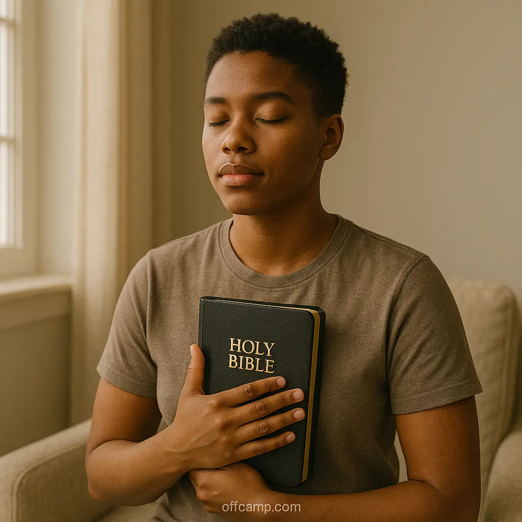 Young person holding Bible with calm peaceful expression representing freedom from anxiety and fear through prayer