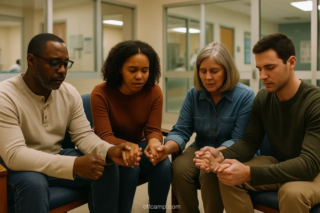 Family prayer circle in hospital waiting room representing community support during loved one's surgery