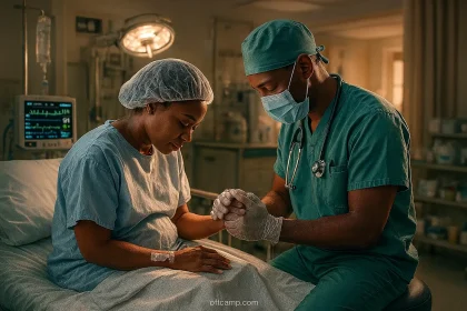 Surgeon holding patient's hand in prayer moment before operation representing faith and medical care together