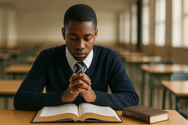 Nigerian student praying with hands clasped over open textbook on desk with exam hall background