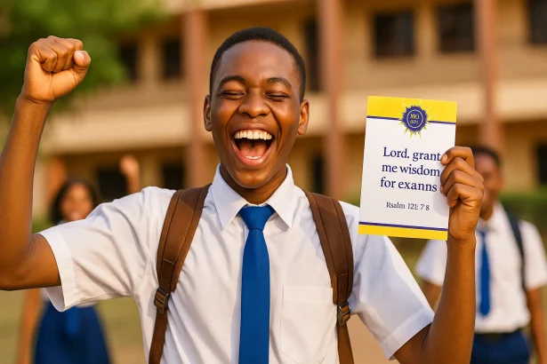 Nigerian student celebrating WAEC exam success holding exam slip with joy