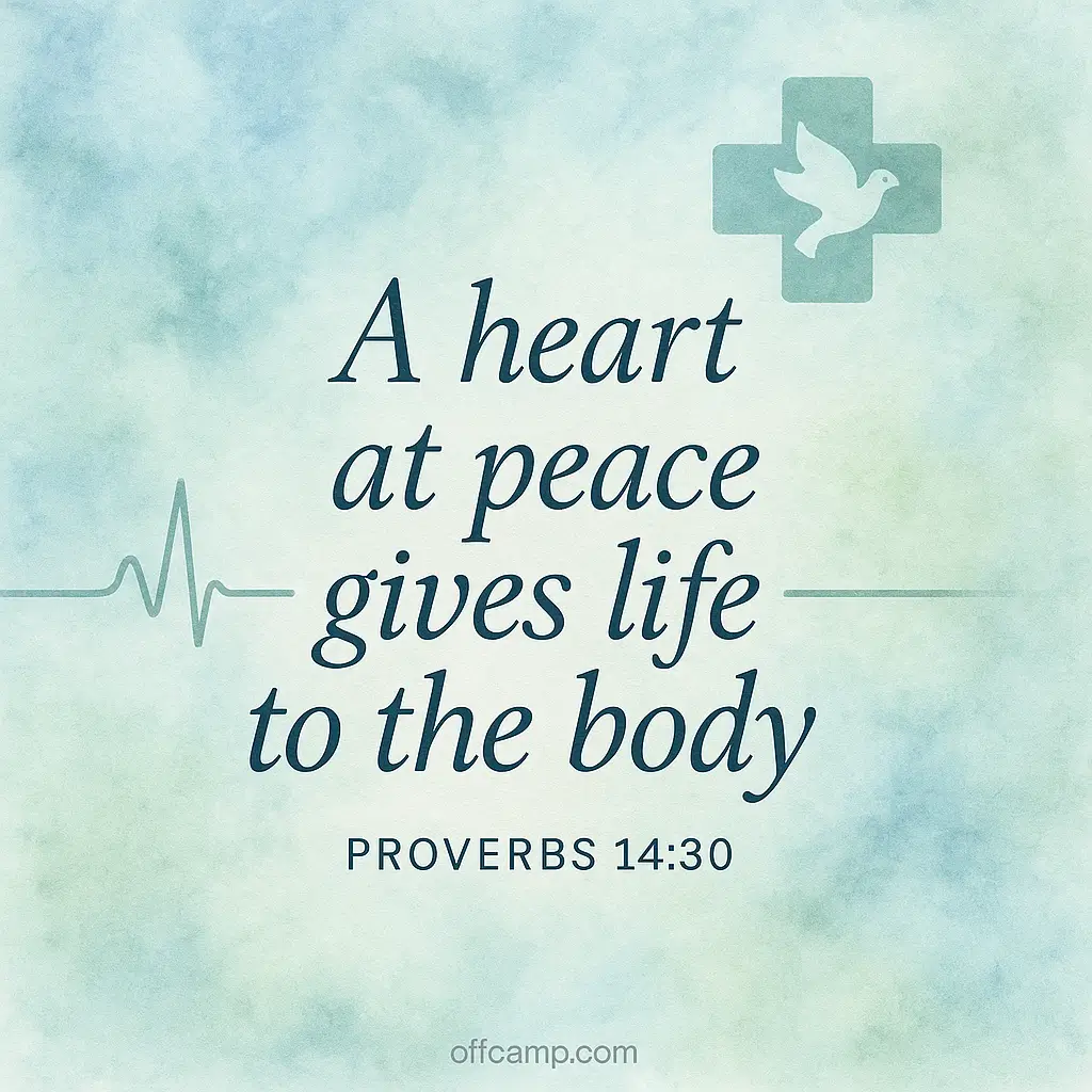 Prayer card with Proverbs 14:30 about peace and heart health for blood pressure healing