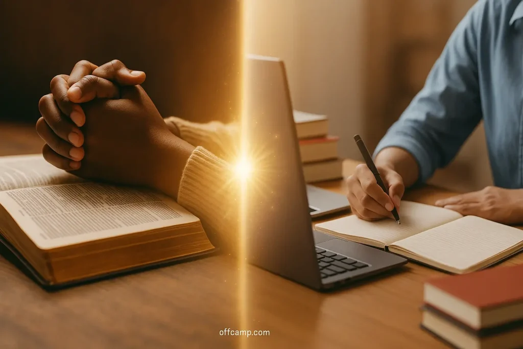 Balance between prayer and exam preparation showing Bible and study materials together