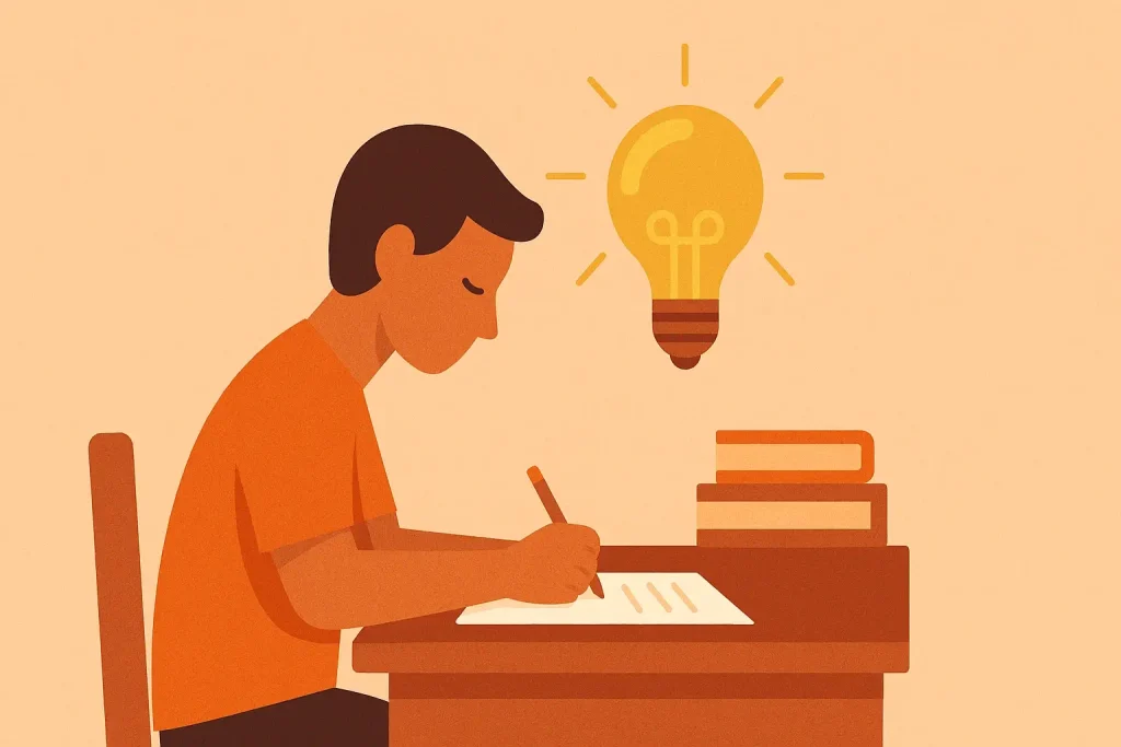 Flat vector illustration of student writing exam paper with light bulb icon representing wisdom