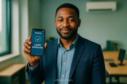 Nigerian professional checking approved salary advance loan without collateral on smartphone app showing instant approval