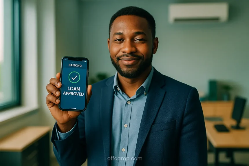 Nigerian professional checking approved salary advance loan without collateral on smartphone app showing instant approval