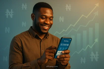 Nigerian professional using salary advance app on smartphone to access payday loan with low interest rates in Nigeria