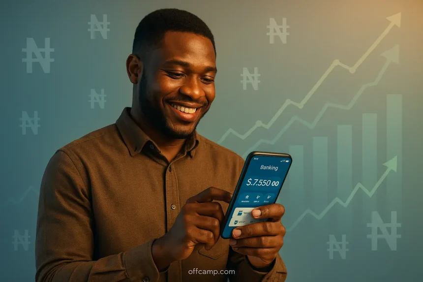 Nigerian professional using salary advance app on smartphone to access payday loan with low interest rates in Nigeria
