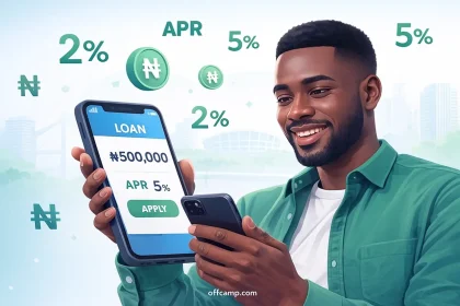 Nigerian using smartphone checking loan apps with lowest interest rate Nigeria comparing affordable credit options