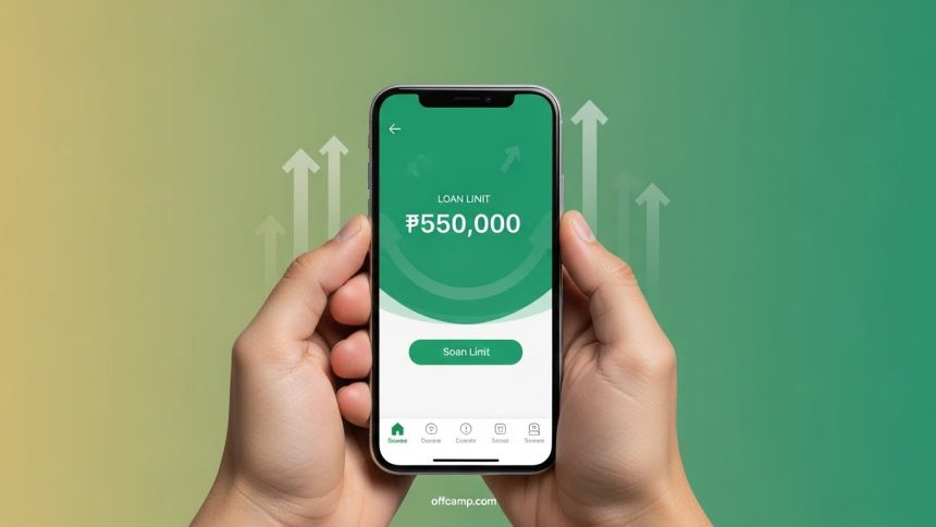 Nigerian loan app showing ₦500,000 limit increase on mobile phone screen, demonstrating how to increase loan limit in 3 months